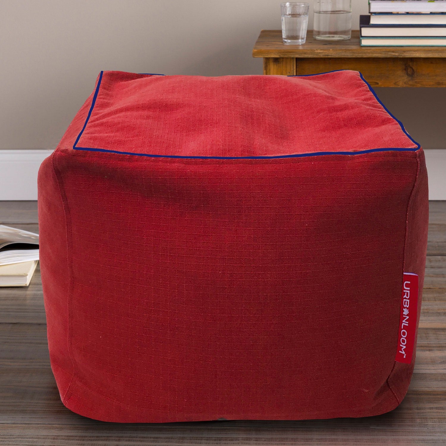 Cotton Handcrafted Bean Bag Pouf/Ottoman/Footstool cover Cube (Red) by Urbanloom